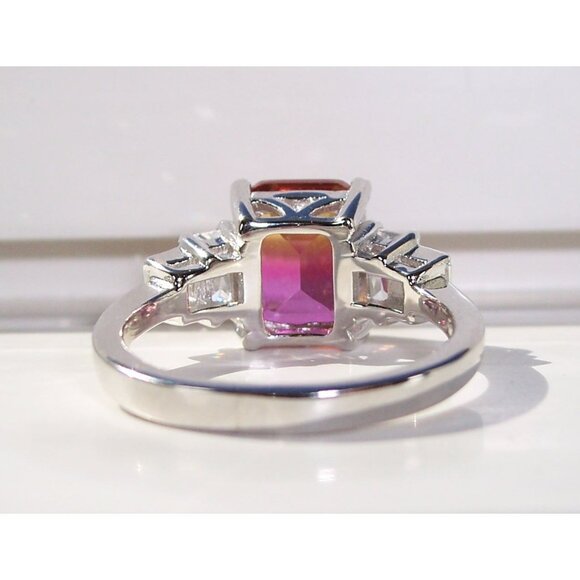 925 STERLING SILVER Emerald Cut Gradient Cubic Zirconia Ring - Picture 11 of 16